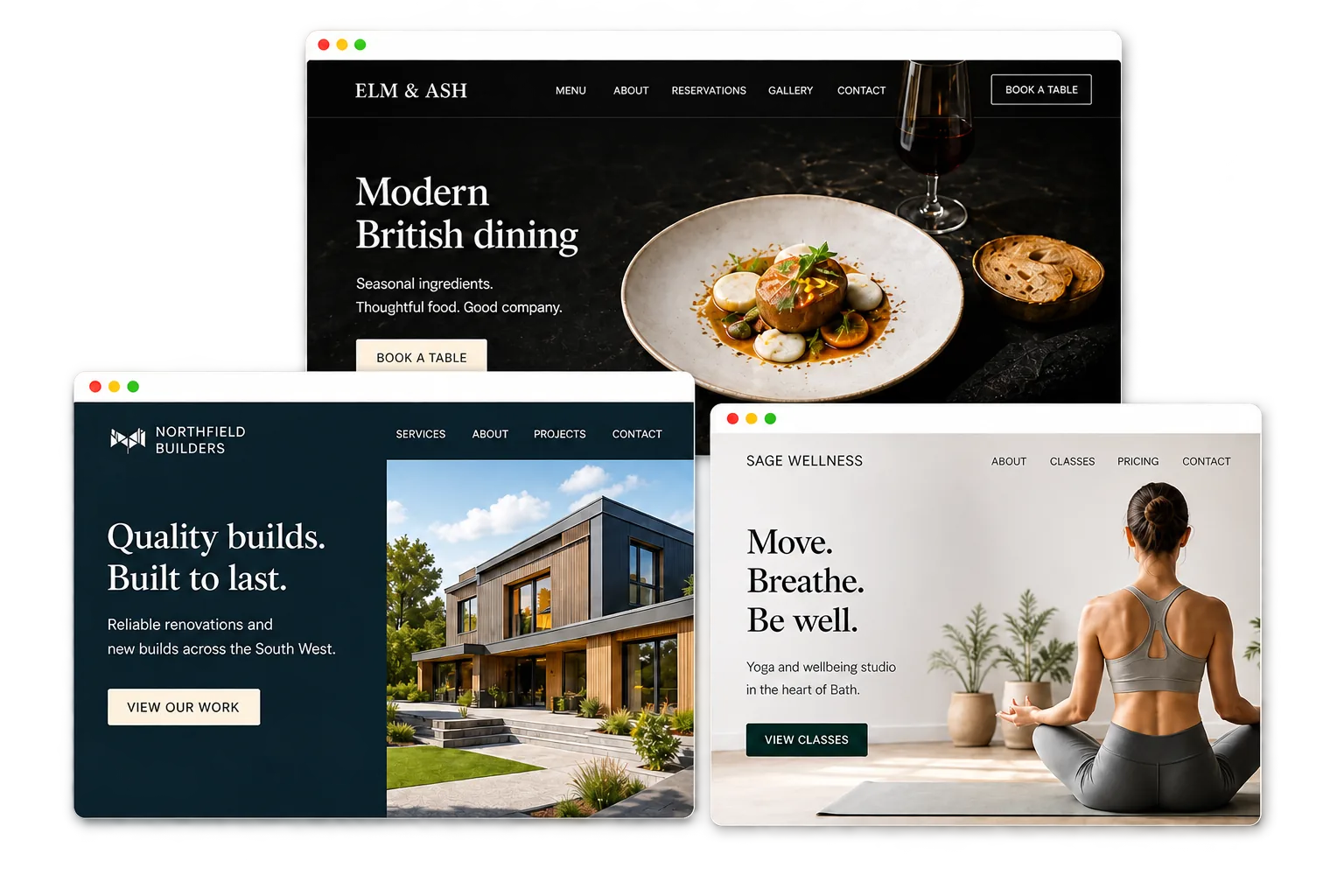 Three FreeSiteCrew websites shown as layered browser windows.