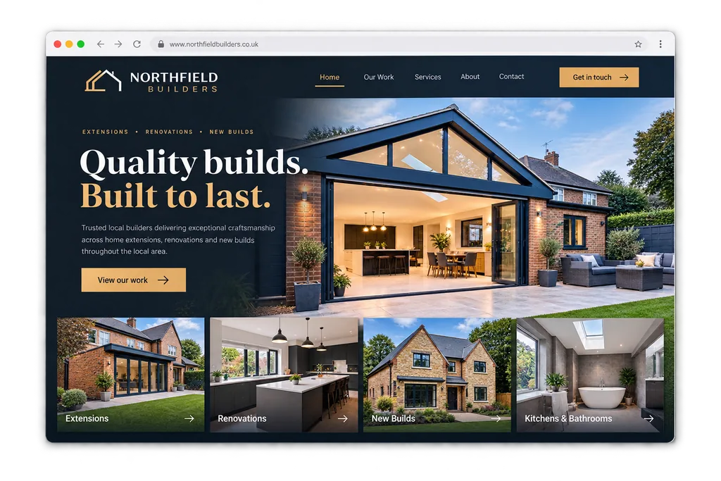 Northfield Builders website shown in a browser window, with project photography and service categories.