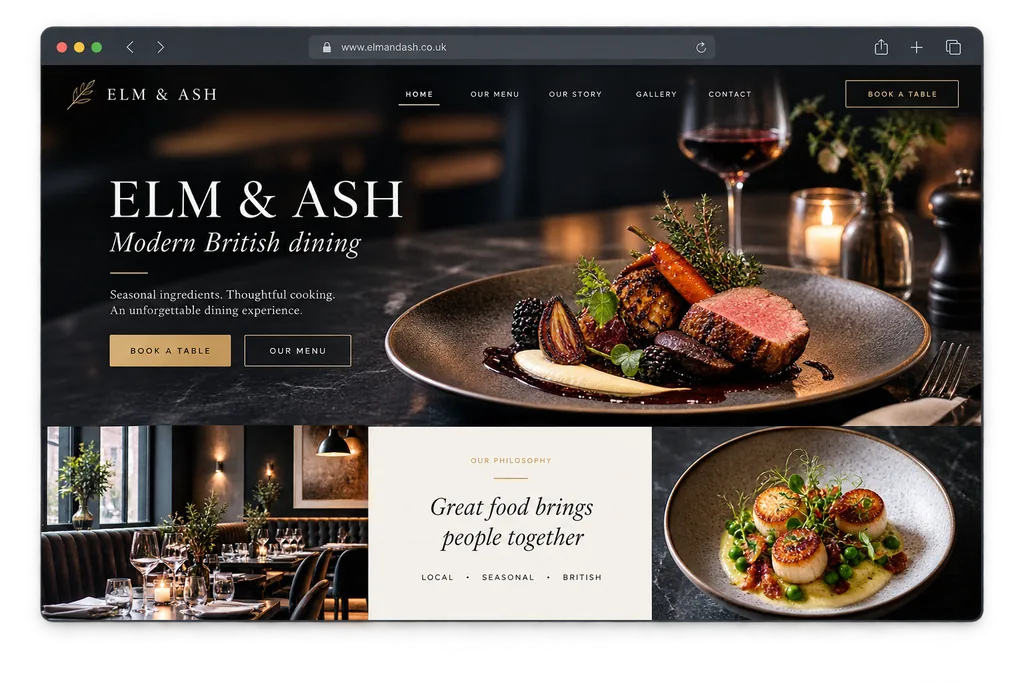 Elm & Ash restaurant website shown in a browser window, with a hero dish photograph and a menu section.