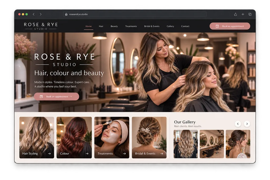 Rose & Rye salon website shown in a browser window, with treatments and a booking button.