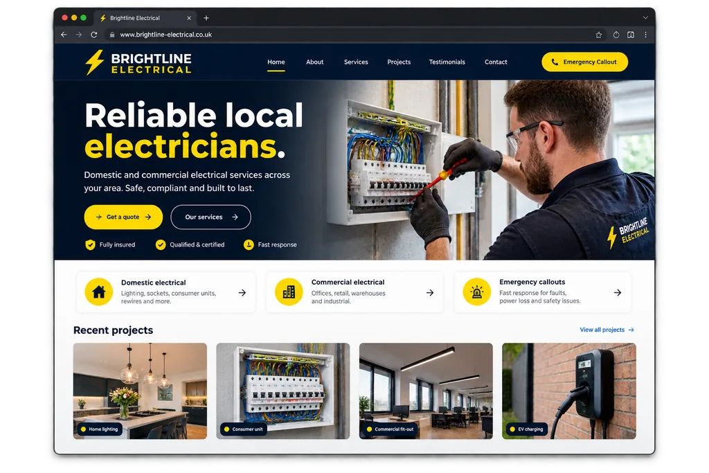 Local electrician website shown in a browser window, with services and an emergency call button.