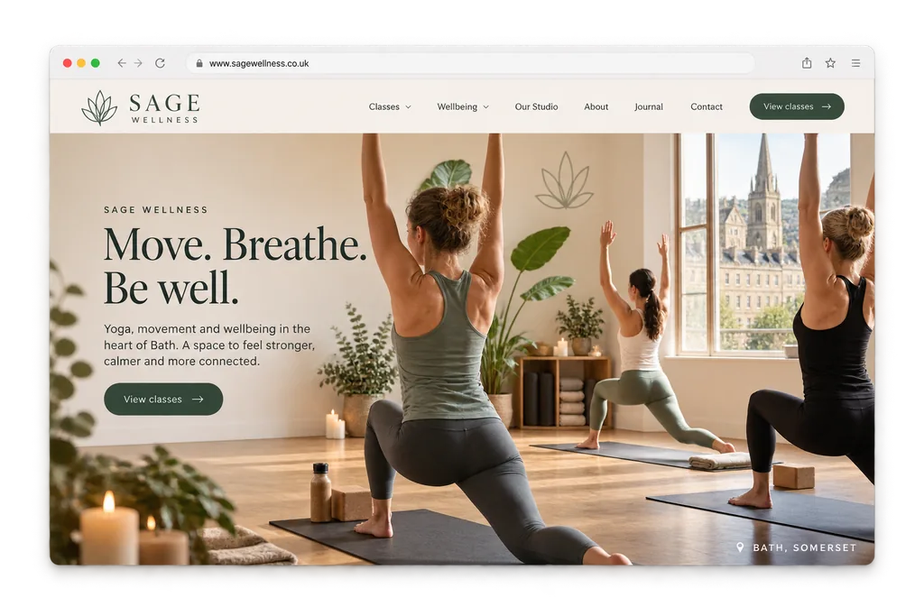Sage Wellness yoga studio website shown in a browser window, with class information and a calm photograph.